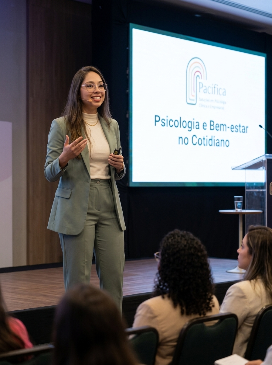 Danielly Paulino durante palestra sobre psicologia e bem-estar no cotidiano, com a apresentação projetada atrás