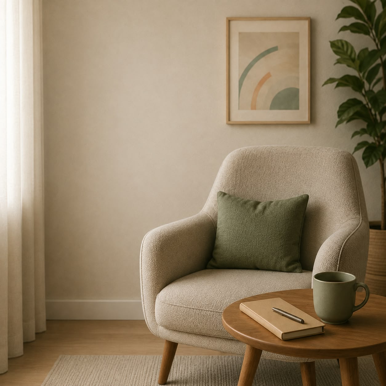 Poltrona e cantinho de leitura do consultório da Pacífica, com quadro e planta ao fundo